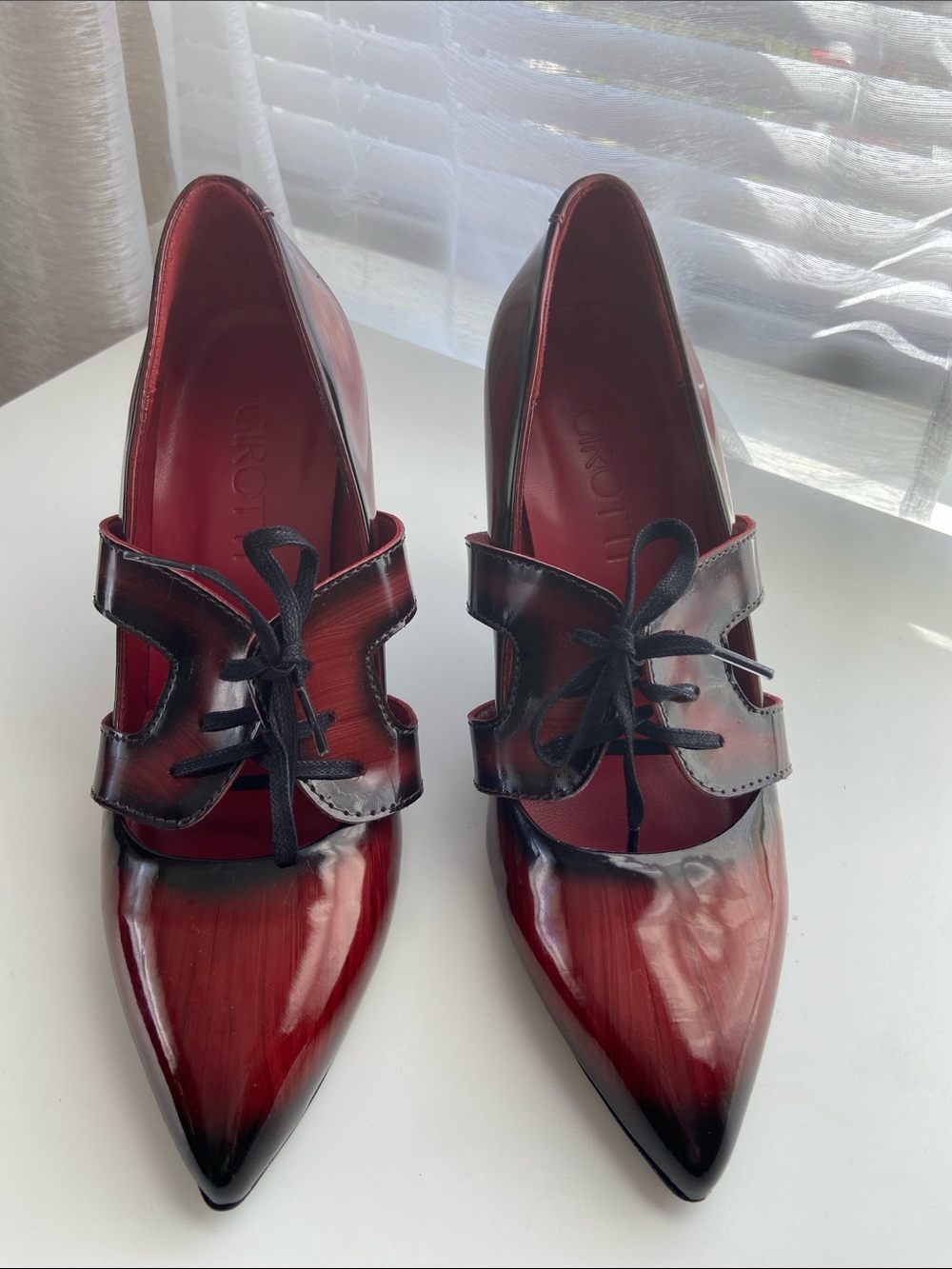 New Girotti Burgundy Black Pointed Toe Lace Up Pumps Oxford Heels EU 37 - Picture 3 of 13